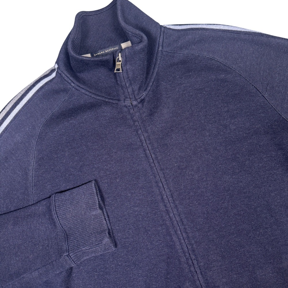 Banana Republic Full Zip Cardigan Sweater Mens Large Navy Blue Stripe Mock Neck